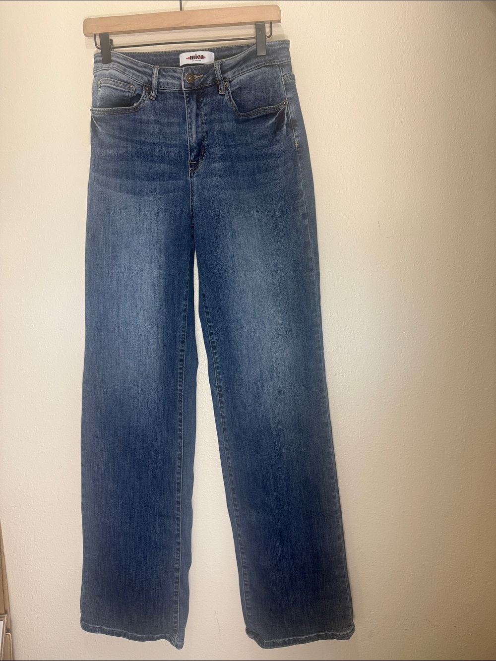 mica Wide-Leg High-Rise Jeans in Blue Wash, Size 28